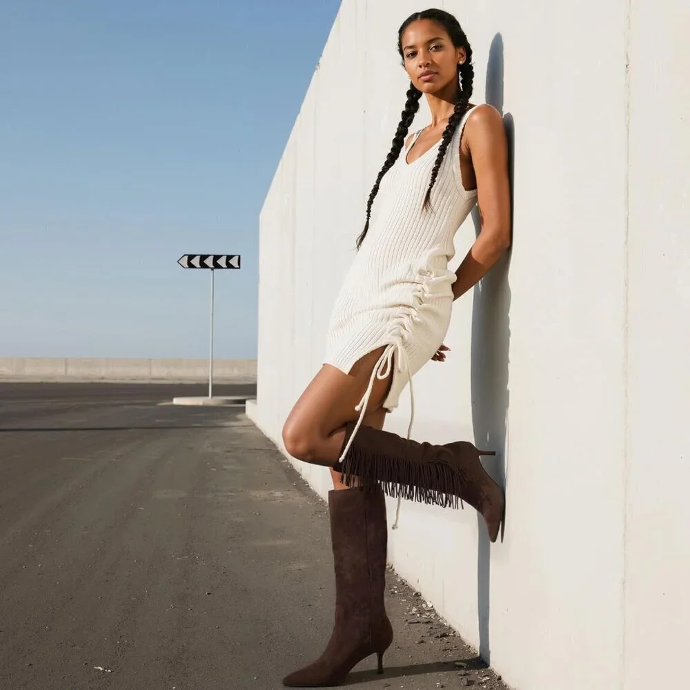 Women Suede Brown Knee High Boots Kitten Heels Tall Pointed Toe Long Boots